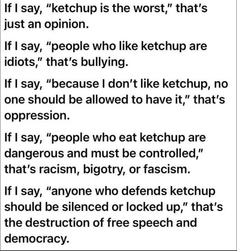 If I say, “ketchup is the worst,” that's
just an opinion.

If I say, “people who like ketchup are
idiots,” that's bullying.

If I say, “because I don't like ketchup, no
one should be allowed to have it,” that's
oppression.

If I say, “people who eat ketchup are
dangerous and must be controlled,”
that's racism, bigotry, or fascism.

If I say, “anyone who defends ketchup
should be silenced or locked up,” that's
the destruction of free speech and
democracy.