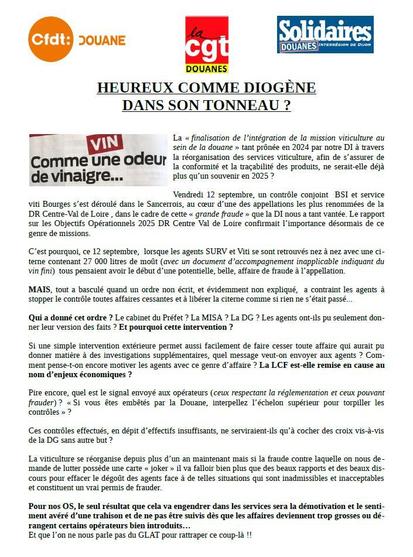 Tract de la CFDT, CGT et SOLIDAIRES Douanes sur le contrôle arrêté sur intervention suite à une plainte d'une société pourtant coupable de fraude.