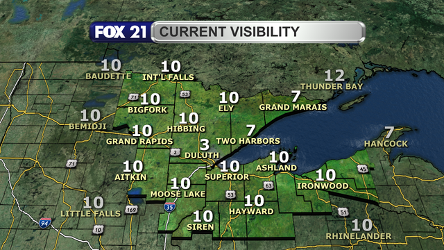 Visibility levels in the Northland just after 1 p.m. on September 22, 2025, shows 3-miles at Duluth, 7-miles along the North Shore, and 10 miles elsewhere in the region.