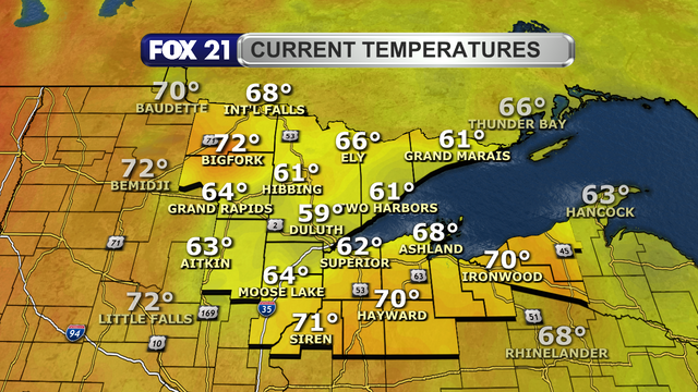 Temperatures in the Northland just after 1 p.m. on September 22, 2025, range from 59 to 72 degrees Fahrenheit. The coolest readings in the upper 50s and low 60s are along the North Shore, Twin Ports and northern I-35 corridor regions.