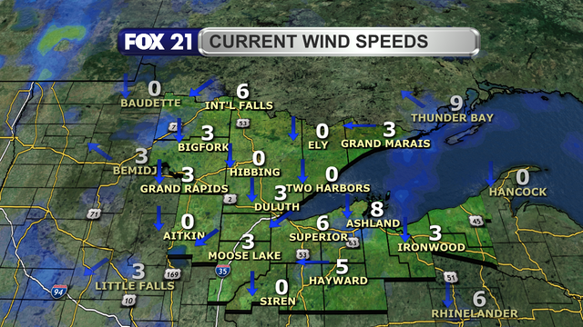 Wind speeds in the Northland just after 1 p.m. on September 22, 2025, range from calm to 8 mph. Wind direction is primarily from the north and northeast.
