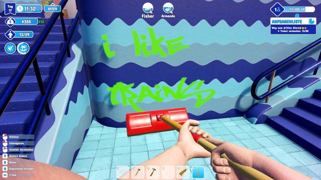 Auf einer Wand mit verschiedenfarbigen blauen Wellen wurde in grün "i like trains" gesprüht. Man sieht auch die Hand des Spielercharakters, die einen gelb-roten Mop hält.