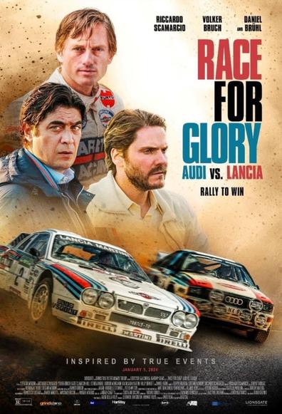 "Race for Glory: Audi vs. Lancia" di Stefano Mordini, 94 minuti, 2024.
-Nel mondo del rally, il 1983 è l’anno in cui si fece la storia, l’anno di Davide contro Golia, quello in cui lo sfavorito team Lancia, guidato dal carismatico Cesare Fiorio, affronta il potente team Audi in una delle più grandi rivalità della storia dello sport.- da themoviedb.org 

Locandina del film "Race for Glory: Audi vs. Lancia", ambientato nel mondo del rally anni ’80. In alto, i volti degli attori Riccardo Scamarcio, Volker Bruch e Daniel Brühl, con i nomi sovrapposti. In basso, due auto da rally — una Lancia e un’Audi — sfrecciano fianco a fianco su una pista sterrata, sollevando polvere e trasmettendo tensione e velocità. Il titolo è in caratteri grandi e metallici, accompagnato dalla frase "Inspired by True Events" e dalla data di uscita "January 5, 2024".