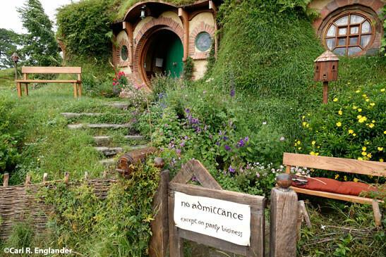 Photo of the front of Bilbo Baggins' home, Bag End, in the Shire, Hobbiton. From the books The Lord of the Rings and The Hobbit written by J.R.R. Tolkien. Photo ©Carl R. Englander