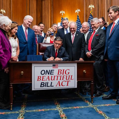 Speaker Mike Johnson during the signing of the One Big, Beautiful Bill at the Capitol in July. Republicans have decided to rename the legislation the Working Families Tax Cut.