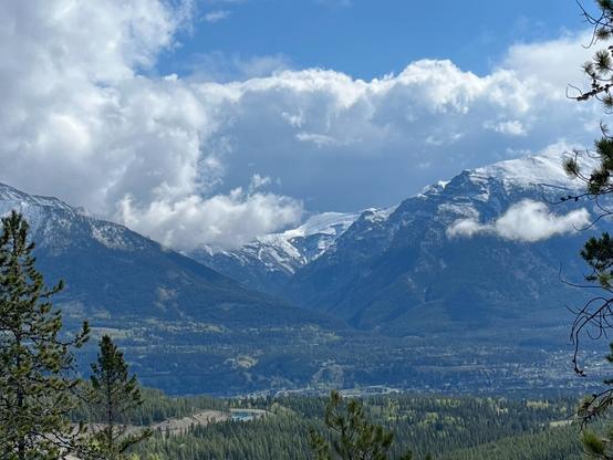 A scenic landscape featuring majestic snow-capped mountains under a partly cloudy sky, with lush green valleys and a winding river in the foreground. Pine trees frame the image on the left.