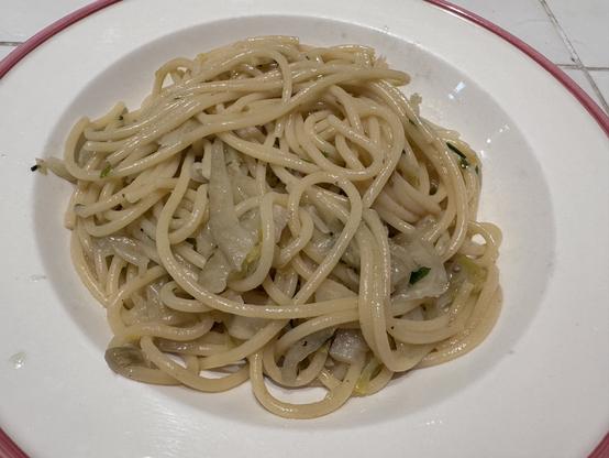 Pale plate of pasta.