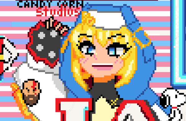 Bridget pixel art where she is holding her yo-yo up high and smiling. There is a repeating trans flag background