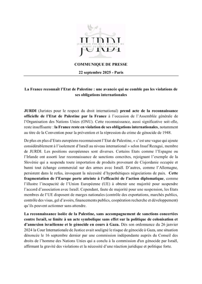 intégralité du communiqué de JURDI publié le 22 septembre 2025 : page 1