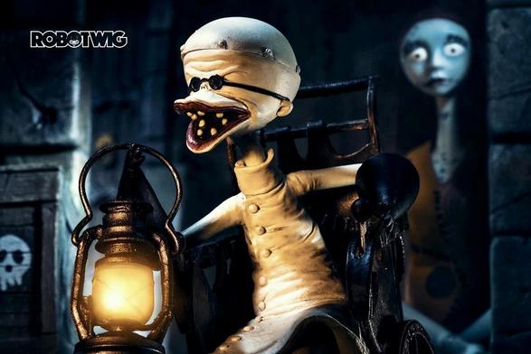 Dr Finkelstein looks for Sally lamp in his hand. Sally stands behind in the dark