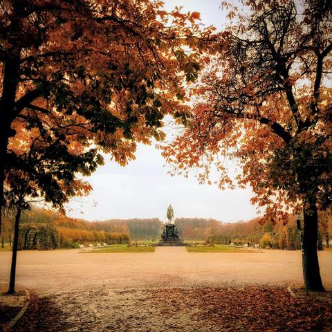 An equestrian statue stands in the centre of a wide, open park, surrounded by fallen leaves. Two large trees with golden and brown autumn leaves frame the scene on either side. The sky is bright and hazy.