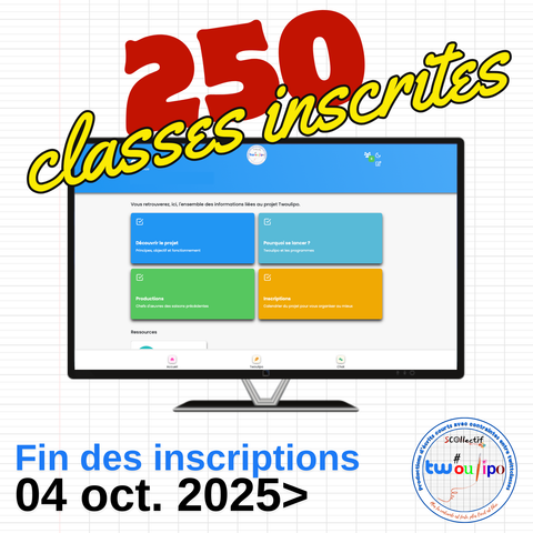 un écran d'ordinateur avec la page du site Twoulipo et les mentions : 250 classes inscrites + Fin des inscription le 04 octobre 2025
