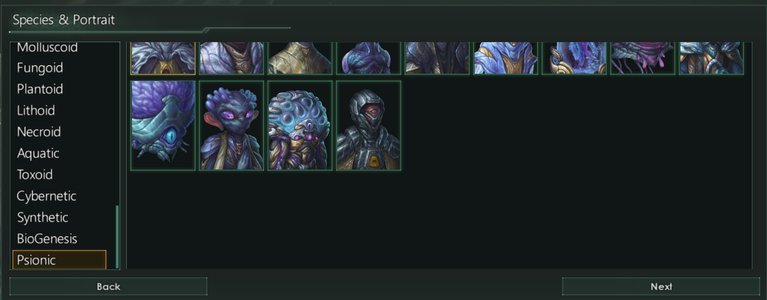 Screenshot of the species portrait selection screen in Stellaris. The upper row is cut off by about 2/3 with no scroll bar to go back up.