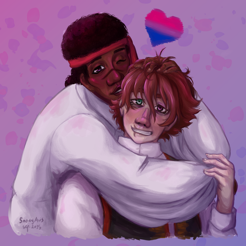 A digital painting of two characters, Hajro and Jandrija, in an embrace. Both characters are facing the viewer, but Hajro is hugging Jandrija from the side, holding his right arm around Jandrija's shoulders and his left hand on Jandrija's head. Jandrija has light skin, short messy brown-reddish hair, his right eye is green and his left eye is brown, and he has a scar under his right eye and across the lips. He is wearing a white shirt and a black and red vest. He is grinning towards the viewer, but looks kind of awkward. Hajro is a lot taller than Jandrija, has dark skin, brown eyes, a scar over his nose, coily black hair and is wearing a red ribbon around his forehead. He is wearing a wide, goofy, white shirt. He is winking and has a very gentle smile on his face.
Above their heads is a heart in the colours of the bisexual flag - pink, purple and blue. The atmosphere of the painting is pink and blue as well. The signature says "Snowy Avis, sep. 2025"