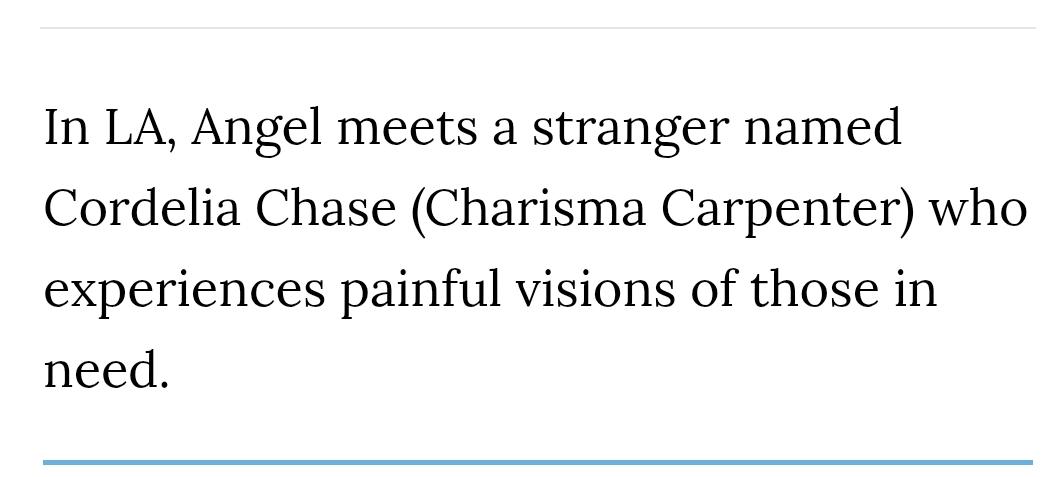 The description reads: "In LA, Angel meets a stranger named Cordelia Chase (Charisma Carpenter) who experiences painful visions of those in need.