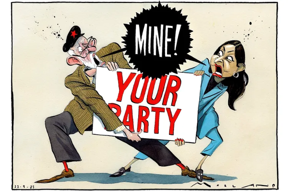 Corbyn and Sultana are shown struggling for a sign saying ’Your Party’ - both are stating ‘mine’