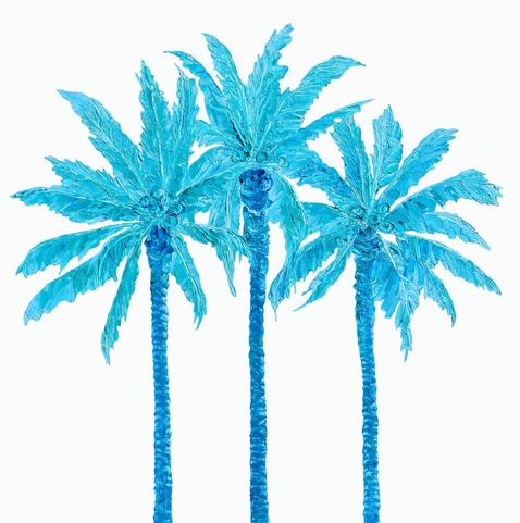 An oil painting of three turquoise blue coconut palm trees on a white background.