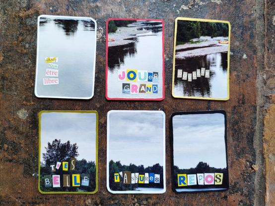 6 créations de cartes d'artistes en mixmedia, photo et lettres collées, avec écrit "danse pour être libre", "jouer grand", "douceur", "t'es belle", "t'assures" et "repos"