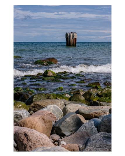 Foto im Hochformat. Blick über grobe Felsen aufs Meer. Im Vordergrund sind große Steine, dahinter beginnt das Meer. Gischt kommt gerade angeschwemmt. Etwas weiter hinten im Wasser ist ein hohes Gebilde aus Stahl und Stein. Darauf sitzen viele Vögel. Der Himmel ist leicht bewölkt.