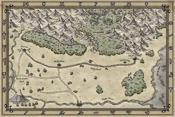Old-style fantasy map illustration of a fictional world in black and white line art with a parchment-like background and subtle color.