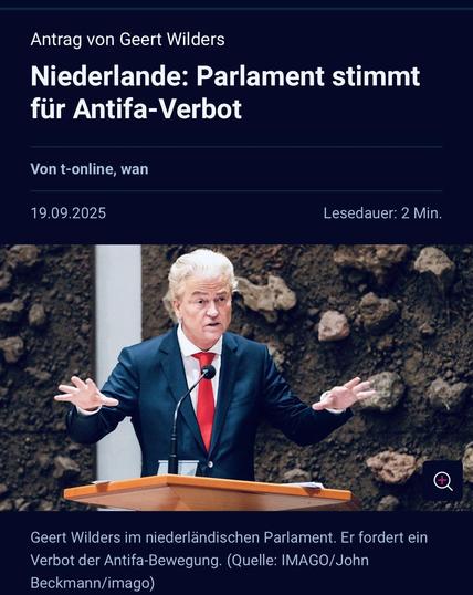 T-Online Antrag von Geert  wilders, Niederlande Parlament stimmt für Antifa Verbot