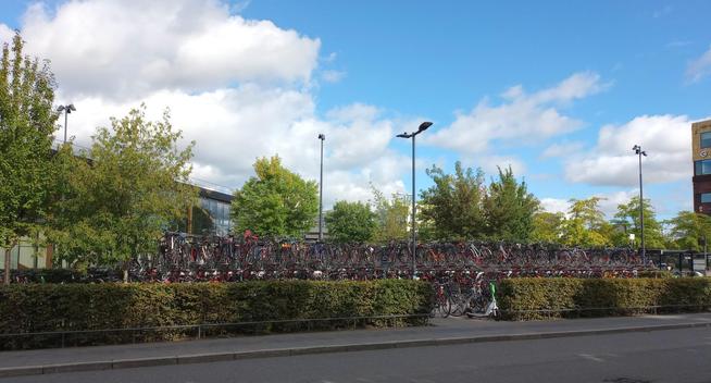 Picture from 2025. The view is of a different part of the yard, but it is densely filled with banks of double-decker bicycle racks full of bikes. Behind it all is an indoor parking garage for even more bikes.