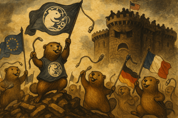 Eine allegorische Illustration im Stil der Französischen Revolution: Fröhliche Biber stürmen mit Ethernet-Kabeln und Fahnen eine düstere Bastille, die ein Gesicht trägt und die Künstliche Intelligenz symbolisiert. Auf den Fahnen sind die EU-Flagge, die deutsche und die französische Nationalflagge sowie das Infinito.Nexus-Logo zu sehen. Über der Bastille weht eine US-Flagge. Die Szene vermittelt den Kampf um digitale Souveränität, dargestellt durch freundliche, entschlossene Biber, die gemeinsam gegen eine bedrohlich wirkende Cyber-Bastille marschieren.