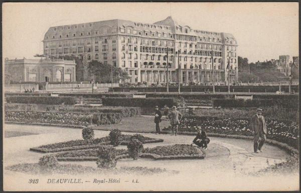 Printed monochrome postcard showing a view of the Royal-Hôtel at Deauville in Calvados, Normandy, France.

Published by Lévy Fils et Cie, Paris, No LL 323.

Postally used on 31 August 1917 with Field Post Office postmark and Passed By Censor No 5581 and sent to Mrs S. Ireland, Lynwick Street, Rudgwick, near Horsham, Sussex, England.

Very good condition, with very slight corner bumps.