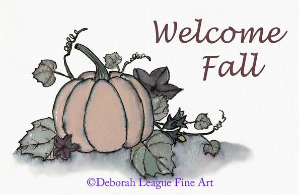 Seasonal art, perfect for autumn decor.  Fall Pumpkin Watercolor Painting with Text Sentiment.  Cozy harvest pumpkin with vines, leaves, flowers, and squash blossoms, accompanied by the words "Welcome Fall".