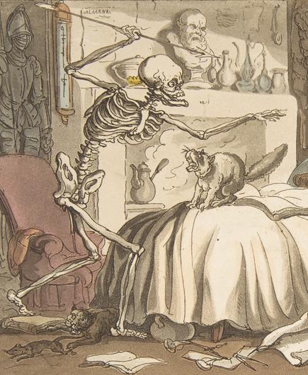 etching: a skeleton with an arrow and a cat hissing at it