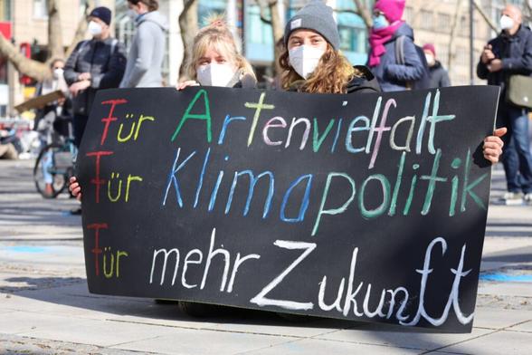 Demobild - Schild mit der Aufschrift Für Artenvielfalt Für Klimapolitik Für mehr Zukunft
