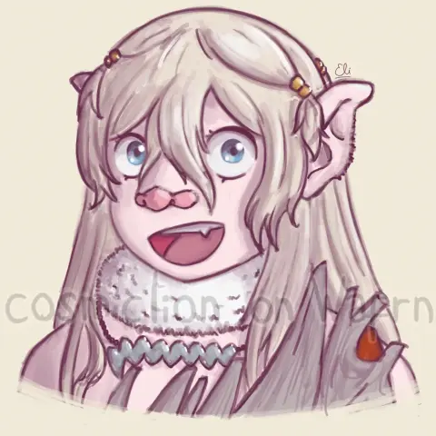 Digital fully rendered illustration of Leed from Dungeon Meshi, drawn from the chest up. She is smiling at the viewer. The background is pale yellow.