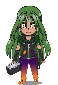 A chibi overworld “sprite” of Ximena (Xenix). She has orange eyes, has long layered moss green hair in an angular hairstyle, and is wearing a metalhead-style outfit. She is wearing a dark green T-shirt with light yellow stripes under a black studded vest, and is wearing trousers with a purple to orange gradient on them. She is wearing a black studded belt, orange sneakers, and is wearing elbow-length black fingerless gloves. Her gloves have green X-shaped straps on them, and she is wearing metal hoop earrings. On her forehead she wears a black headband with a metal floppy disk charm in the middle, framed by her long peaked bangs.