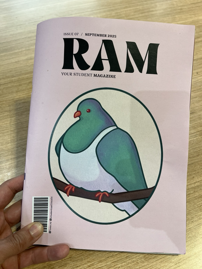 A photo of the cover of the student magazine, RAM, with a stylised drawing of a kereū bird, drawn by the partner of one of the postgrad students.