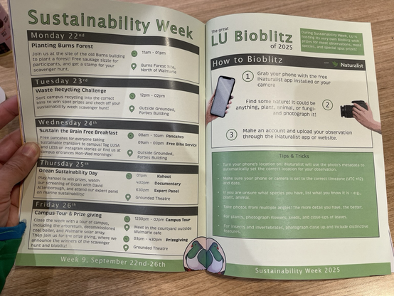 A two page magazine spread on Sustainability Week on campus. The page on the right is The Great LU BioBlitz with instructions on how to use iNaturalist.
