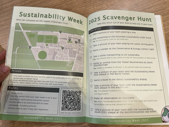 A two page magazine spread on the scavenger hunt happening across campus for Sustainability Week. There’s a map and a list of things to find.