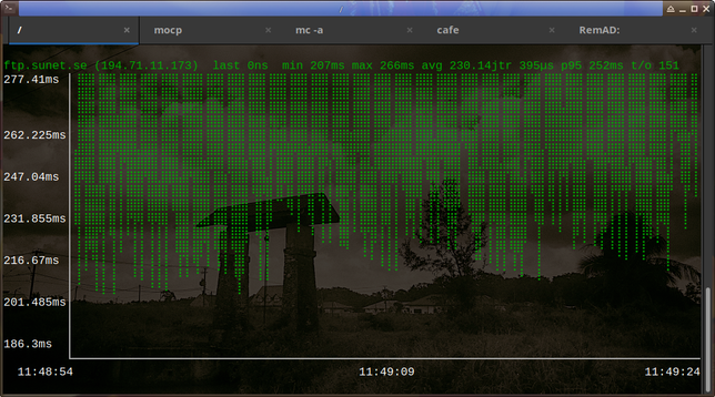 The image shows a computer screen with a terminal window open, displaying network latency data. The terminal window is titled "mocp" and shows a ping test to the server "ftp.sunet.se" with various latency measurements in milliseconds, such as 277.41ms, 262.225ms, and 247.04ms. The background of the terminal window features a green digital rain effect, which is a visual representation of data being processed. Below the terminal window, there is a timestamp indicating the time as 11:49:09, and a video player interface is visible at the bottom, showing a timestamp of 11:49:24. The video player is paused, and the video displays a rural scene with a structure resembling a gazebo and trees. The overall color scheme of the image is dark, with green text and graphics contrasting against a black background.
