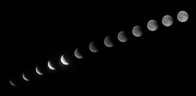A collection of photos of the moon taken in the second half of the eclipse, phasing from a sliver in the bottom left corner to a full moon at the top right