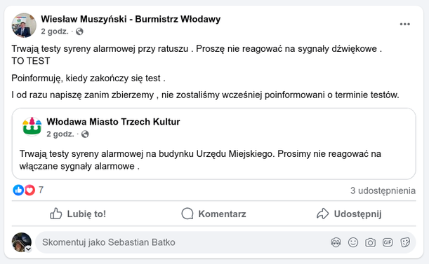 Komunikat burmistrza Włodawy o testach syren alarmowych w mieście.
