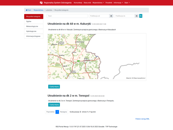 Screen z RSO dla województwa Lubelskiego. Ostatnie info z 12 września o utrudnieniach na drogach.