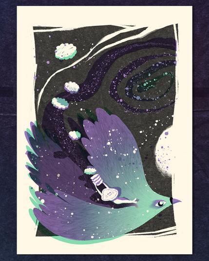 Un personnage qui distribue des sortes de nuages ou étoiles dans un ciel imaginaire. Il est sur le dos d'un oiseau violet et turquoise en vol.