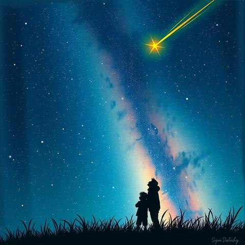 An illustration of two people standing on a grassy hill, gazing up at a vibrant, starry night sky with a bright shooting star.