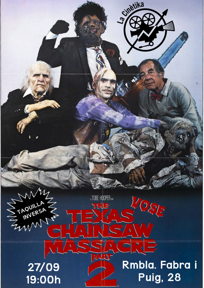 Cartell de la pel·lícula La massacre de Texas 2. Es veu a tota la família d'assassins caníbals, els Sawyer (incloient-hi el cadàver de Nubbins), posant amb un to divertit.