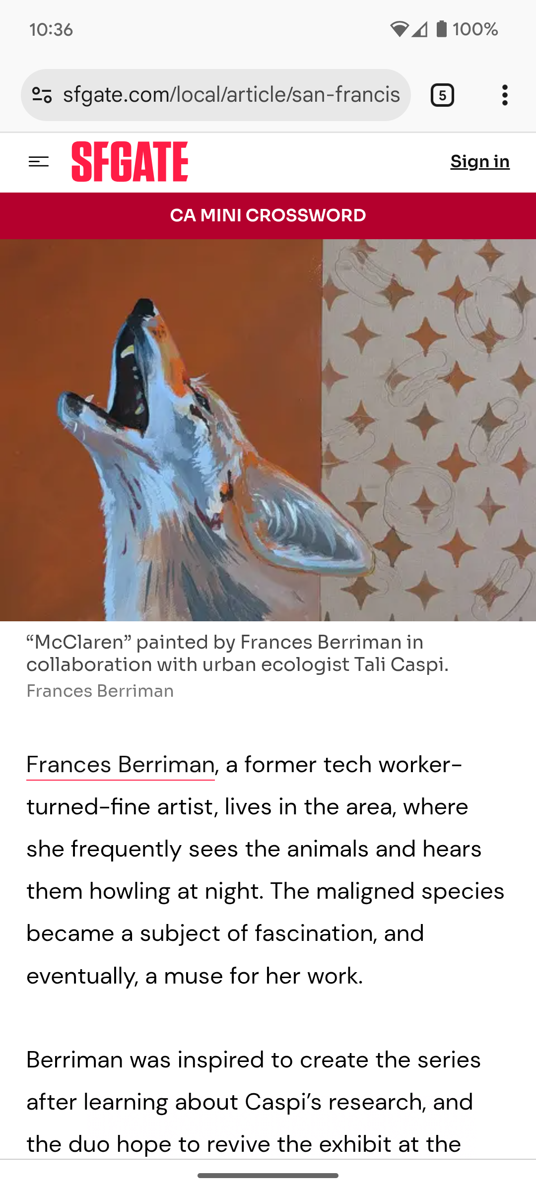 Screenshot of SF Gate need article about coyotes