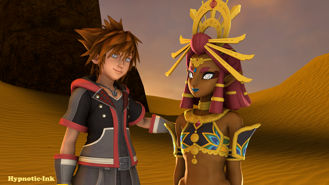 Sora hypnotizing Riju, with his hand on her shoulder as they smile endearingly at each other (Kingdom Hearts x Legend of Zelda: Tears of the Kingdom)