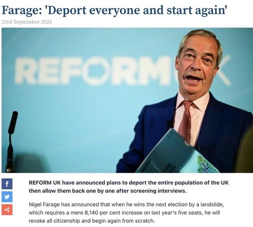 Screenshot: Farange speaking at a podium in front of a blue background with the word "REFORM." News headline: “Deport everyone and start again.”