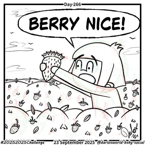 Drawing of Darlo picking strawberries. He holds on in the air. "Berry nice!" he exclaims.