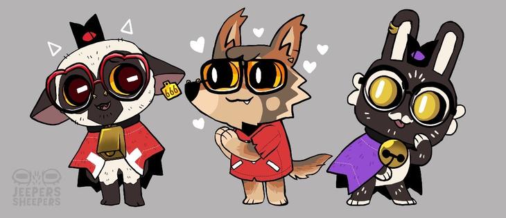 A picture of Baas (a pierced sheep with heart glasses) dressed as Lambert from cult of the lamb with a sheepish expression. To their left is Red (a red wolf with piercings and glasses) dressed as a follower with an eager expression and her hands clasped together with hearts surrounding her head. To Red's left is Prince (a pierced black rabbit with glasses and a mustache) who is dressed as the goat.