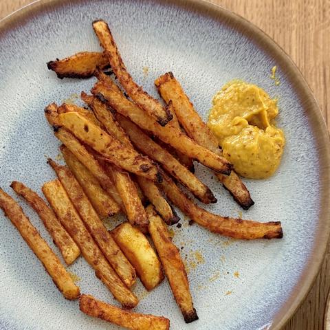 A close-up of my plate with the kohlrabi chips as described in the post.