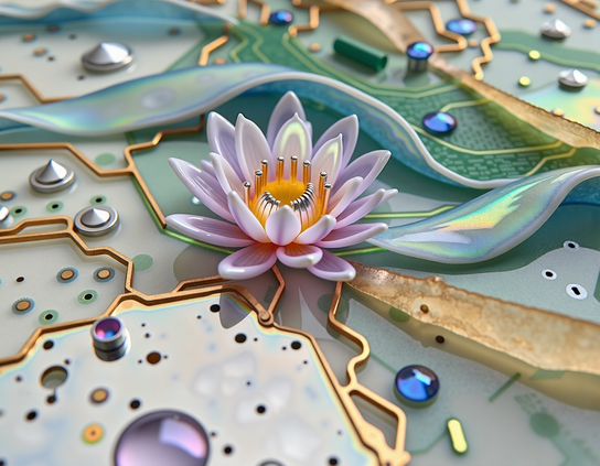 A pink and white electronic lotus flower with a center of chrome-tipped gold pins, blooming from a futuristic metallic circuit board with gold traces and iridescent components.